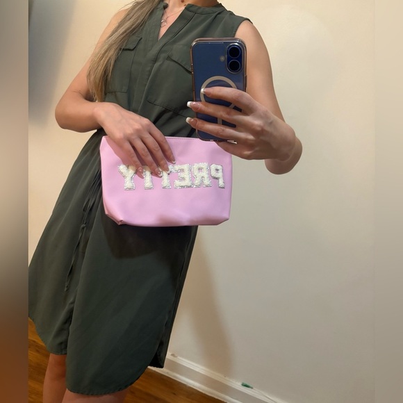 Pink big cosmetic Bag /clutch with 'PRETTY' Embroidery - Picture 7 of 7